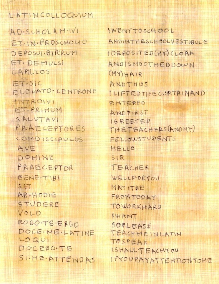 Two columns of handwritten text, the left one in Latin, the right in English.