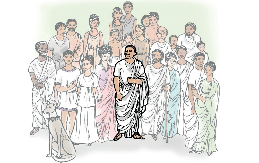A drawing of the characters in the Cambridge Latin Course, which appears on the opening page of Stage 1. In it we see Caecilius at the centre surrounded by his immediate family. Barbillus, a new addition to Book I, can be seen on the far left of the group