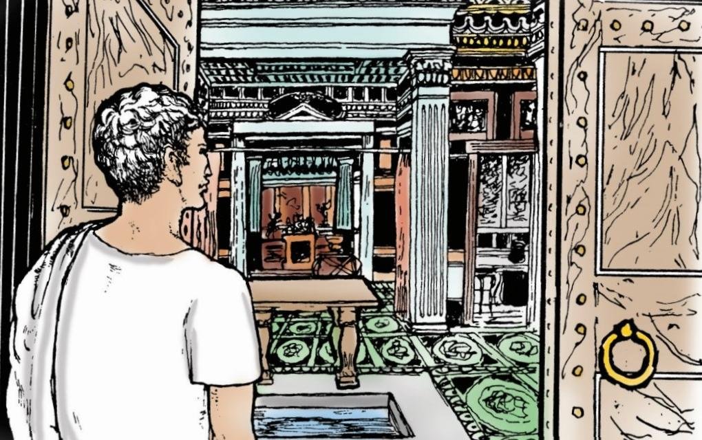An illustration from Book II of the Cambridge Latin Course showing Quintus entering the atrium of Barbillus' house in Alexandria.